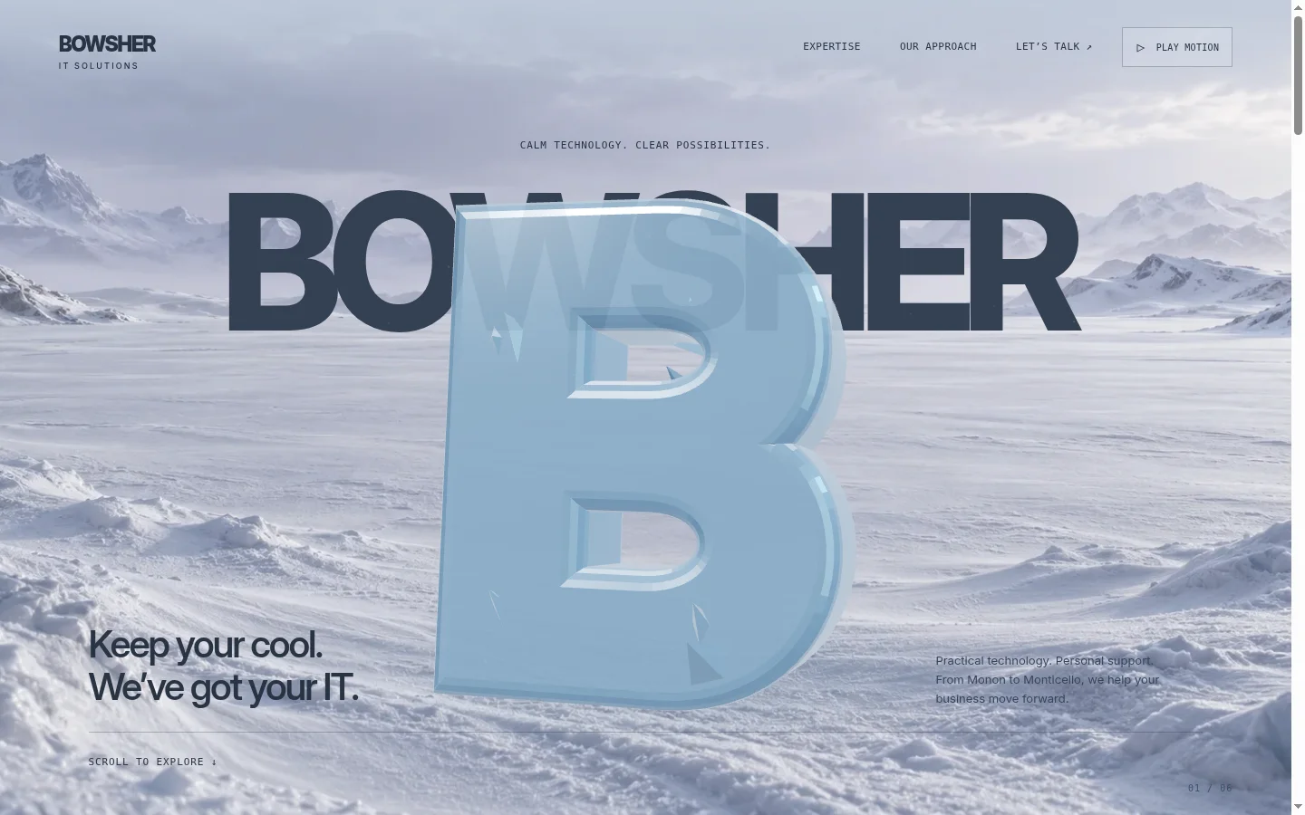 Bowsher Cold website featuring a 3D ice monogram in a frozen landscape.