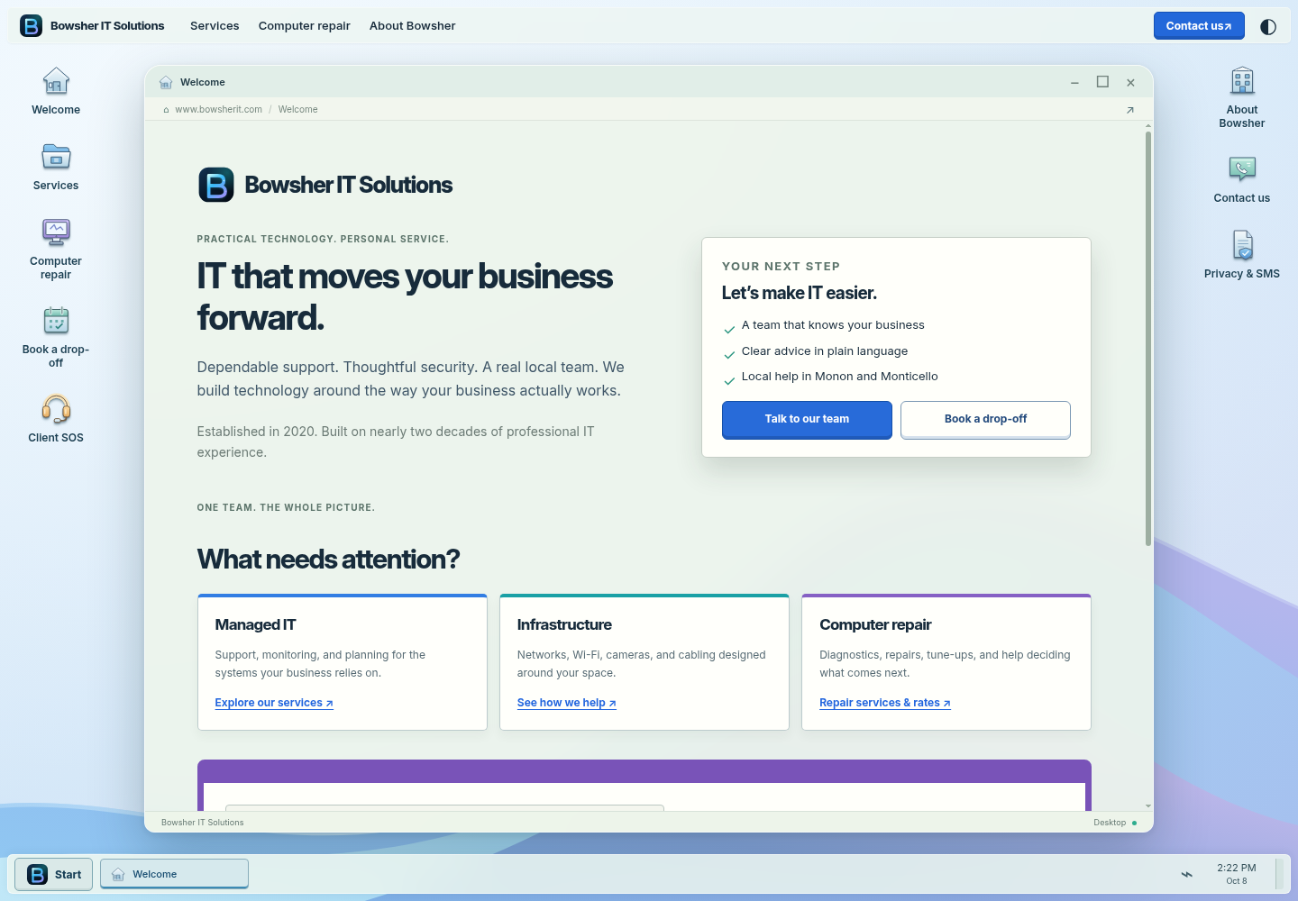 Screenshot of the Bowsher Desktop interactive website with its desktop interface.